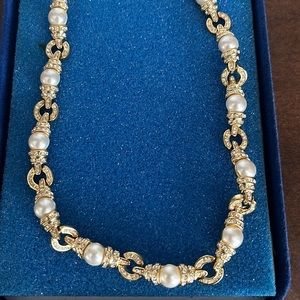 New Camrose and Kross Necklace - Faux Pearls and Rhinestones, Gold-toned